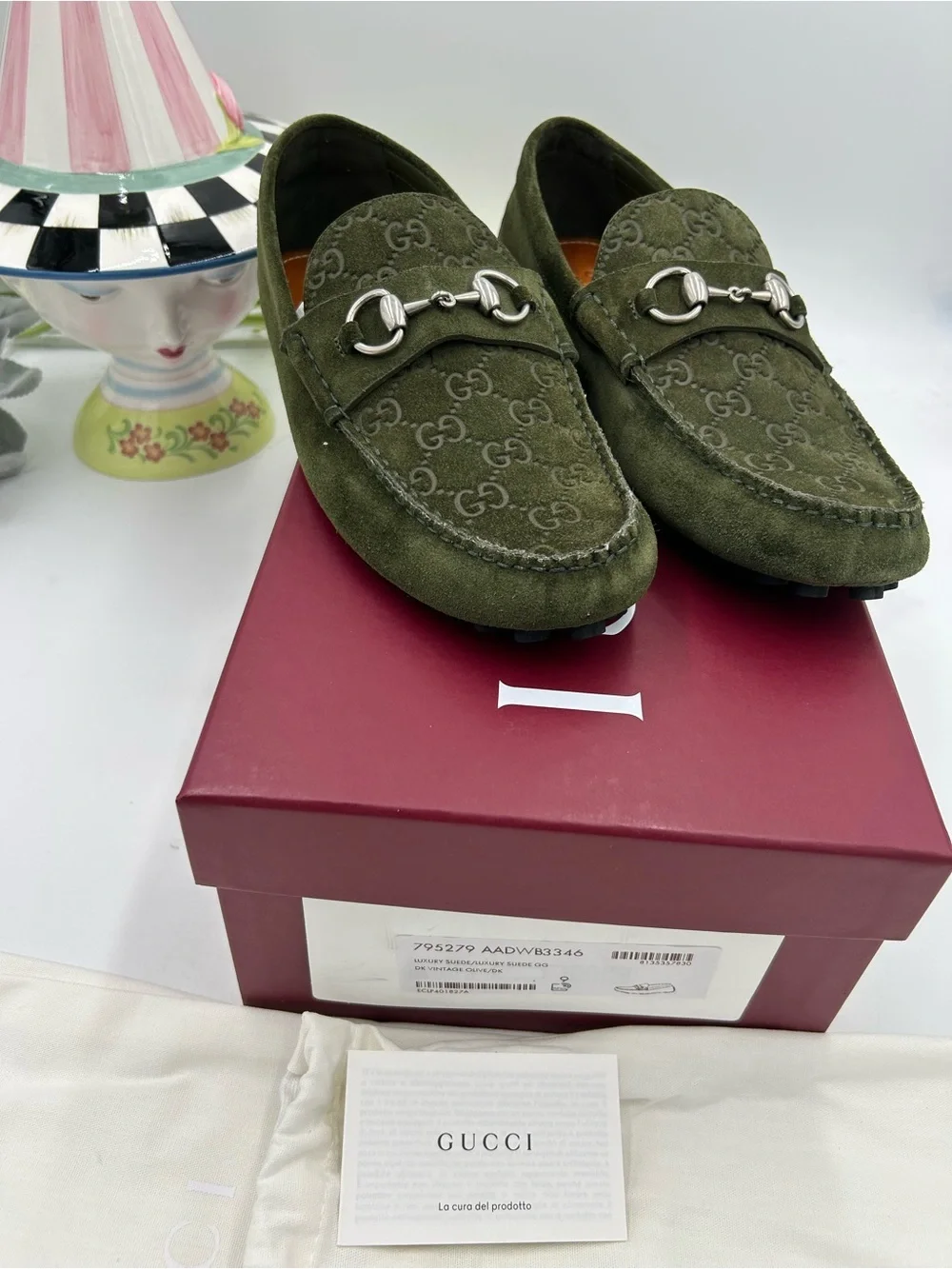 Men's Gucci GG embossed suede driver loafers size 9 fits 9.5 US made in Italy